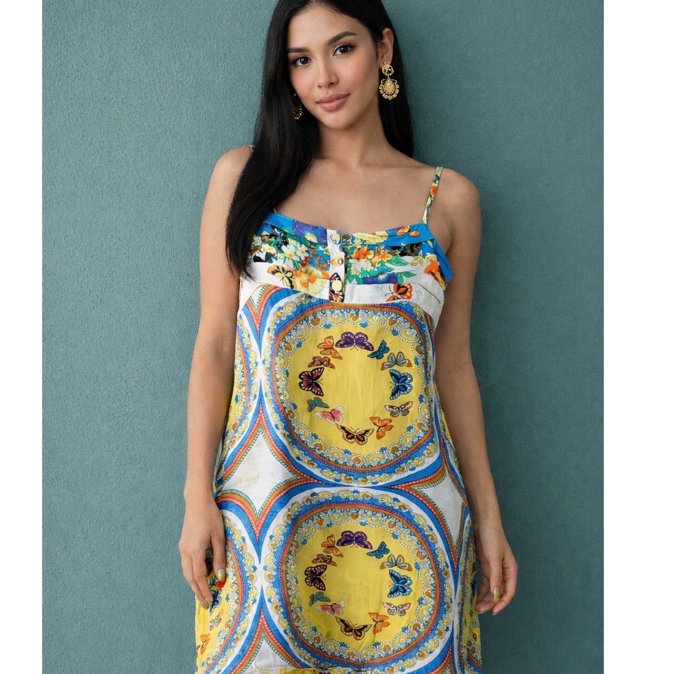 Farm Mini Dress Multicolored Butterfly Print Spaghetti Strap Sz P